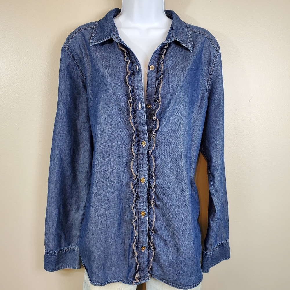 Jones New York Jeans Button Down Denim Top With Ruffle Accent